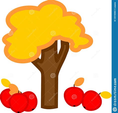 Cartoon Apple Tree With Yellowed Leaves And Ripe Red Apples Stock