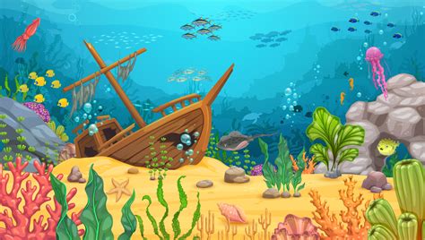 Cartoon Underwater Landscape With Sunken Sail Ship 12851149 Vector Art