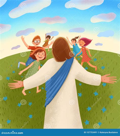 Jesus Waits For Children With Open Arms Children Run To Him With Joy