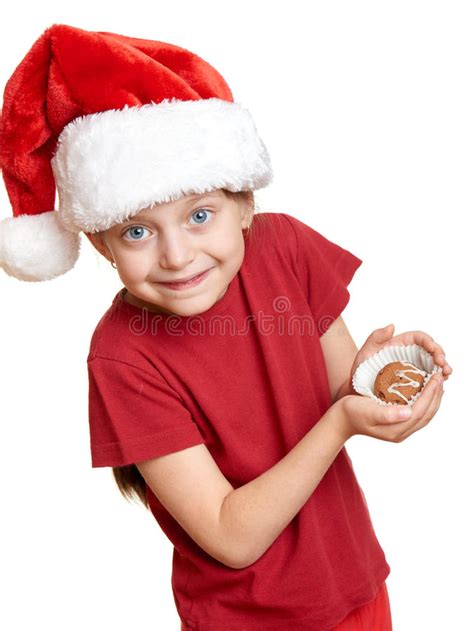 Girl In Santa Hat With Cookies Winter Holiday Christmas Concept Stock