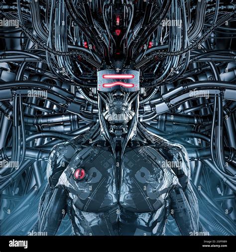 Master Of The Machine D Illustration Of Metallic Science Fiction Male Humanoid Cyborg Inside