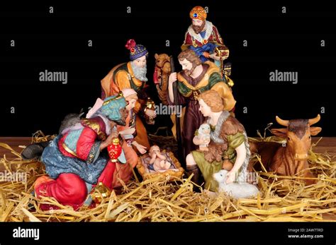 Traditional Christmas Nativity Scene With Mary And Joseph And Baby