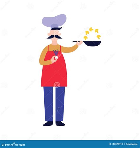 Male Chef Stands And Holds Pan While Frying Mushrooms Flat Cartoon