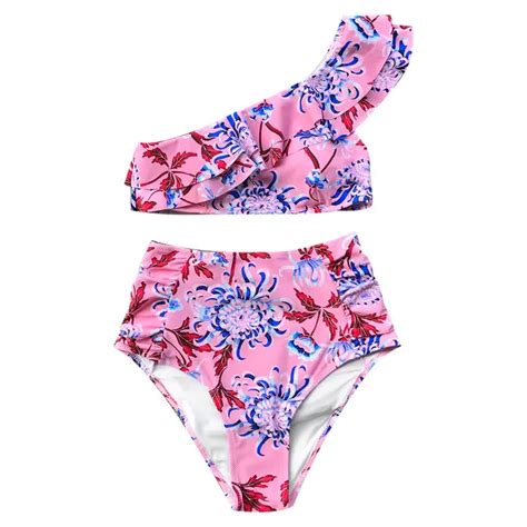 Aliexpress Com Buy CUPSHE Pink Flora Print One Shoulder Ruffle Bikini