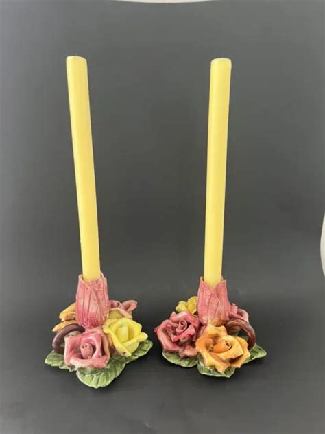 Vtg Capodimonte Pair Porcelain Pink Flower Candle Holders Set Of 2