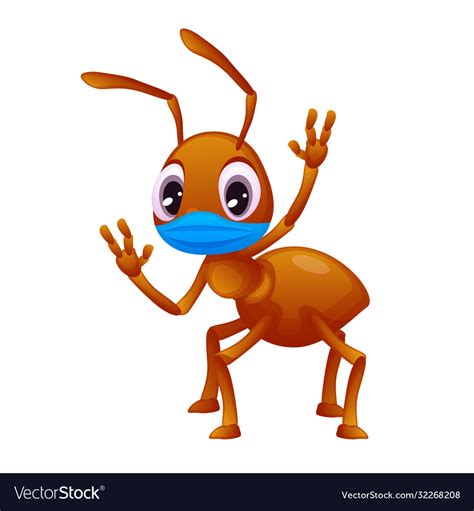 Adorable Little Ant In A Face Mask Is Waving Its Vector Image