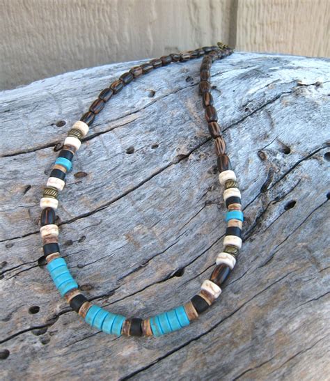 Turquoise Heishi Tribal Necklace Wood Bead Necklace Necklace