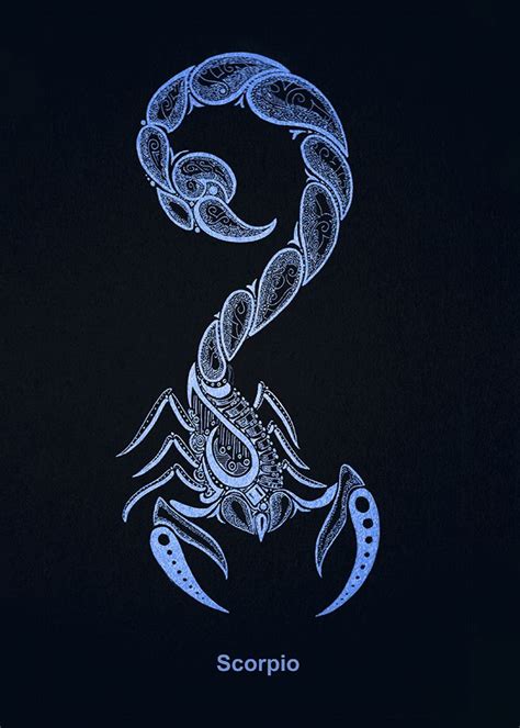 The Zodiac Sign Scorpio Is Drawn In Blue Ink On A Black Paper Background