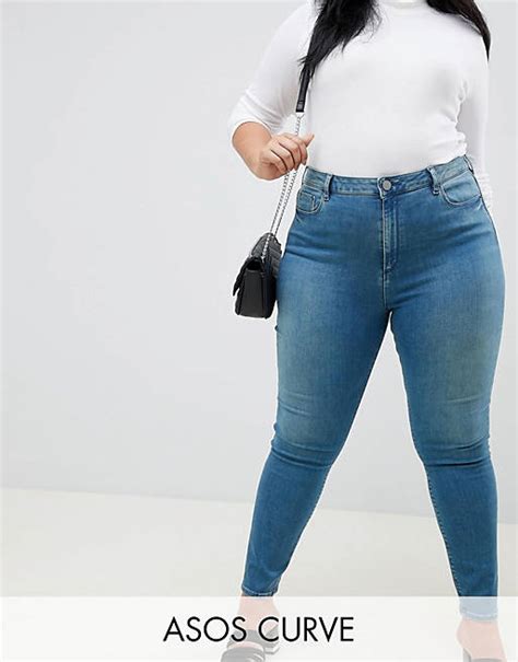 Asos Design Curve Ridley High Waisted Skinny Jeans In Mid Green Blue Tone Wash Asos