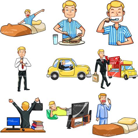 Young Man Daily Routine Cartoon Vector Clipart Friendlystock