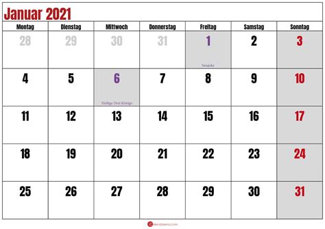 Kalender Januar 2021 Vorlagen Kostenlos