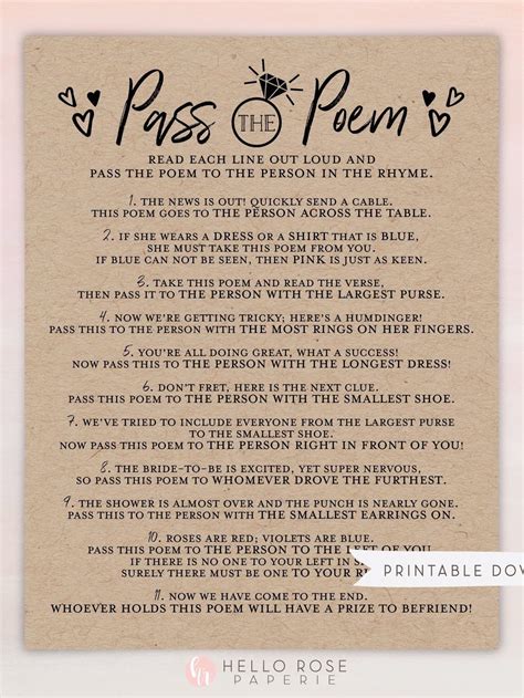 Pass The Poem Bridal Shower Printable Game Bachelorette Hens Party