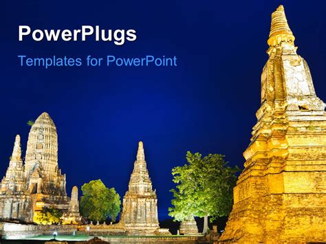 Powerpoint Template Landscape Of Ancient Thai Temple And Trees On Blue