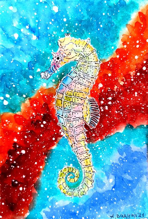 Seahorse Original Watercolor Sea Life Painting Ocean Creature Etsy