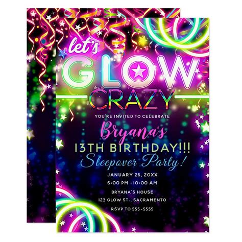 Lets Glow Crazy Neon Colorful Birthday Party Invitation Zazzle