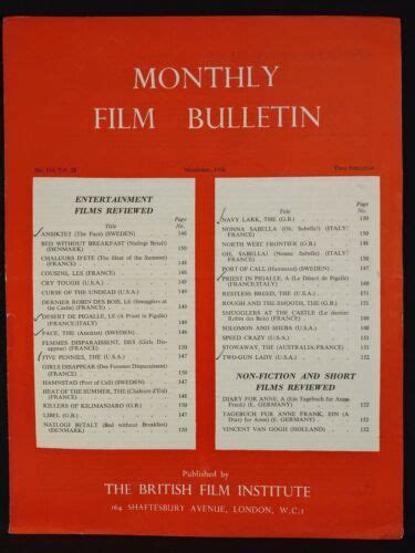 Monthly British Film Institute Bulletin Bfi Movie Review Magazine November 1959 Ebay