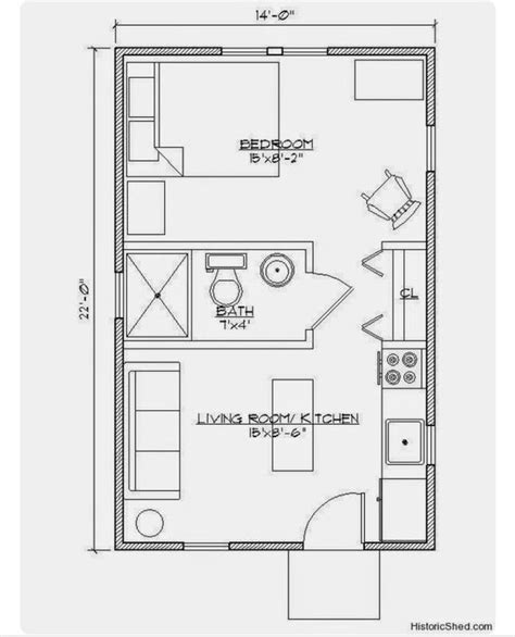 The Floor Plan For A Small Apartment With One Bedroom And An Attached