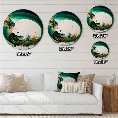 Designart Emerald Green And Gold Abstract Waves Ii Modern Metal Round