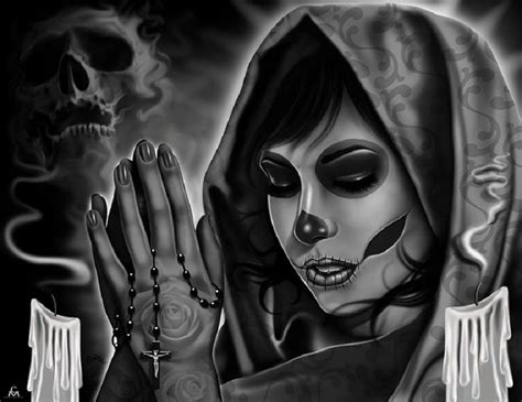 Rest In Peace By Charlie Medina Praying Woman Tattoo Canvas Art Print Chicano Art Lowrider