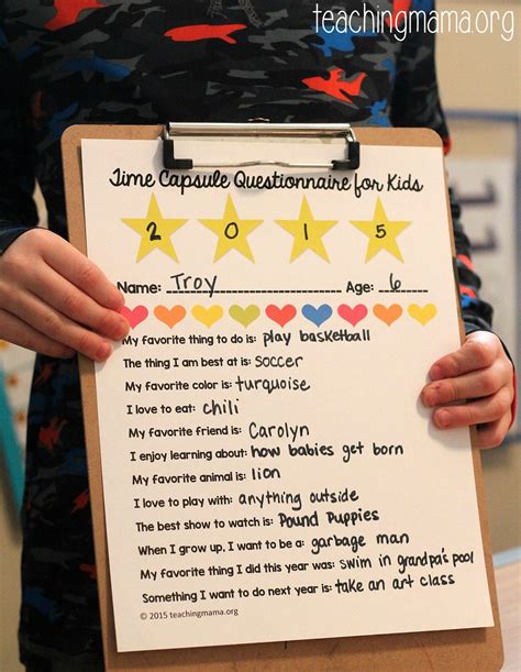 Time Capsule Questionnaire For Kids Time Capsule Kids Time Capsule