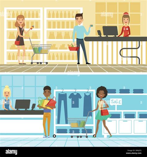 Groups Of Funny And Happy People Make Shopping In Supermarket Vector
