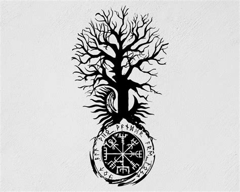 Vegvisir Viking Runic Compass Yggdrasil Tree Moon And Sun Etsy