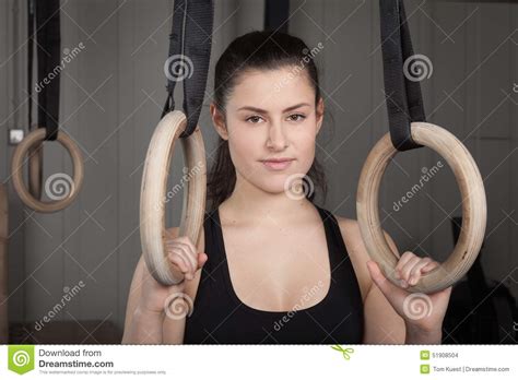 Woman Holding Gymnastics Rings Crossfit Stock Photo Image Of Holding