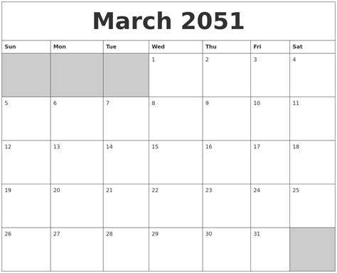 March 2051 Blank Printable Calendar