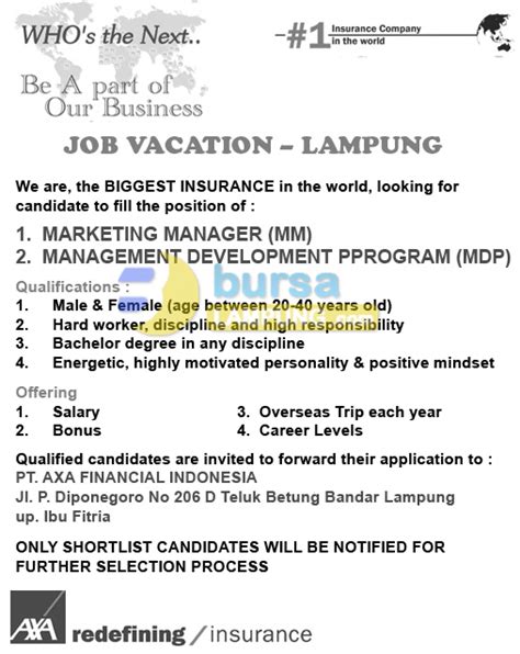 Posted on 19 januari 2021. Job in Lampung PT. AXA Financial Indonesia