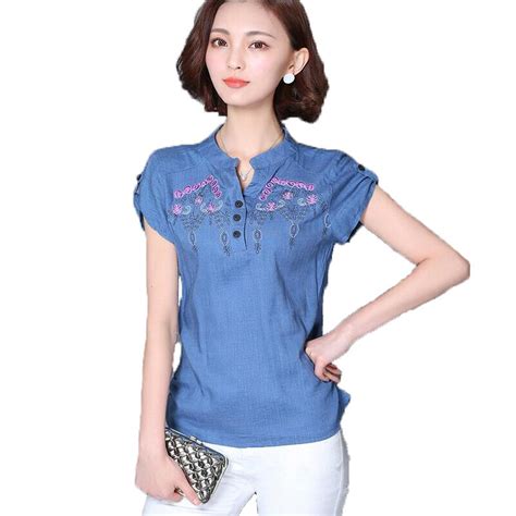 Womens Tops Cotton Linen Floral Embroidery Womens Blouses 2018 Summer New Short Sleeve Casual