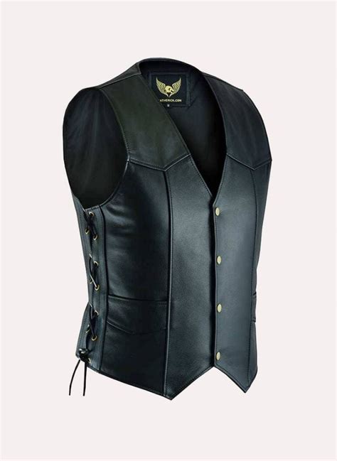 Mens Black Classic Side Laces Motorcycle Leather Vest Leatherick Uk