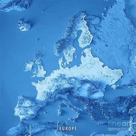 Europe 3d Render Topographic Map Blue Border Digital Art By Frank