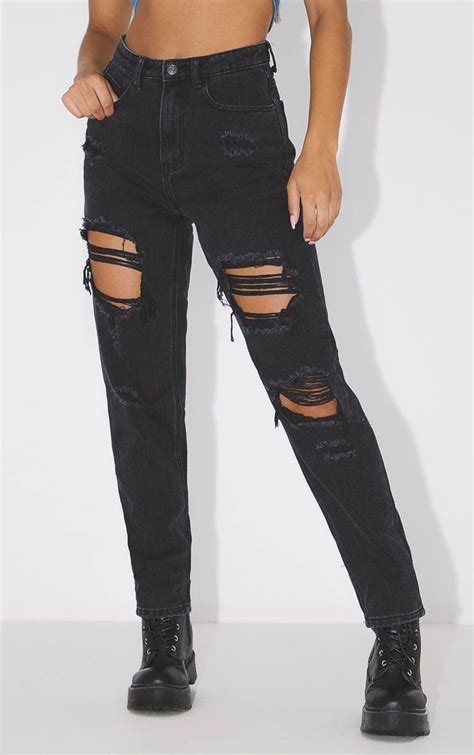 Prettylittlething Washed Black Ripped Mom Jeans Ripped Mom Jeans