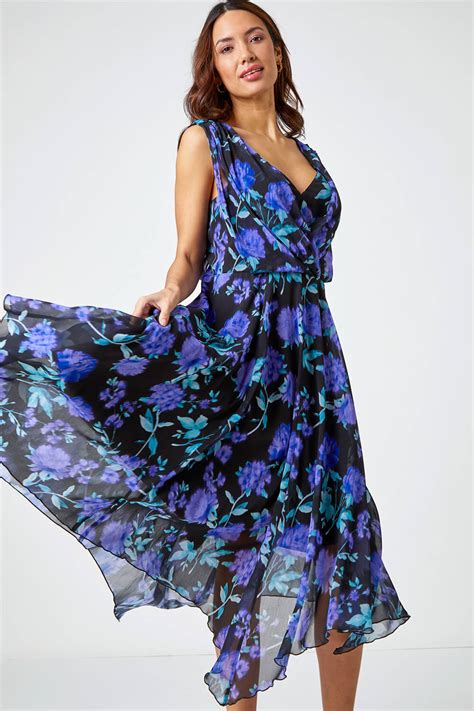 Black Sleeveless Floral Chiffon Midi Dress Roman Uk