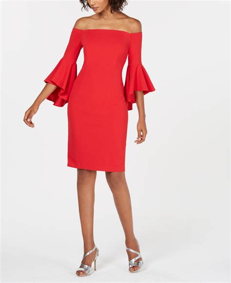 Calvin Klein Synthetic Petite Off The Shoulder Sheath Dress In Red Lyst