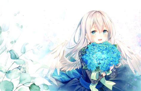 Download 3500x2253 Cute Anime Girl Blue Roses Bouquet Loli White Hair Wings Angel