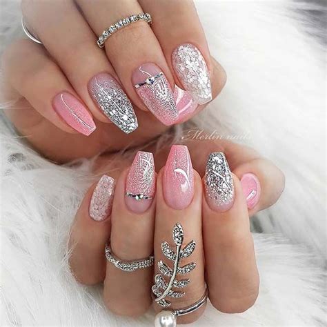 Light Pink And Silver Acrylic Nails