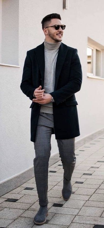 Shop men's chelsea boots available with leather soles, rubber soles, weatherproofing in tan, brown, black, suede and leather! Fall outfit inspiration with a gray turtleneck black coat ...