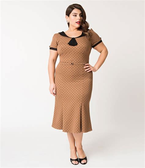 Stop Staring Plus Size 1930s Tan And Black Dot Railene Dress Unique Vintage Vintage Polka Dot