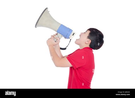 Student Shouting Through Megaphone With White Background Stock Photo