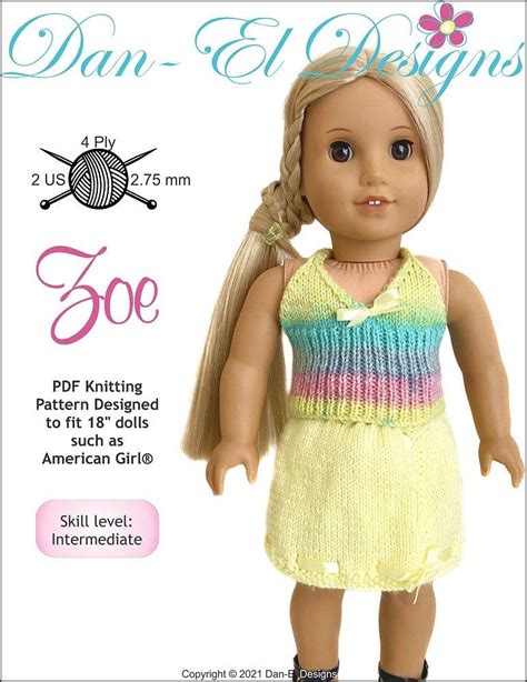 Dan El Designs Zoe Doll Clothes Knitting Pattern 18 Inch American Girl Dolls Pixie Faire