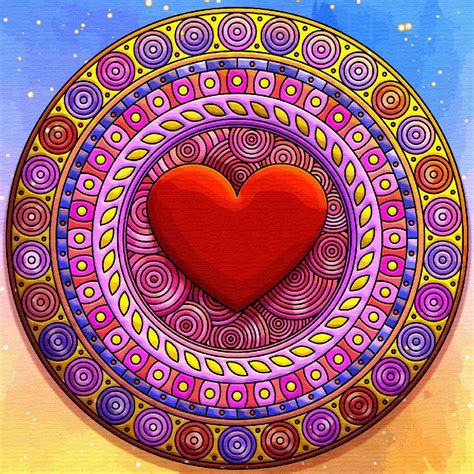 A Red Heart Sitting On Top Of A Colorful Circular Object With Swirls