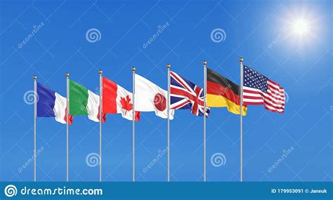 Silk waving g7 flags of countries of group of seven canada, germany, italy, france, japan, usa states, united kingdom. 3D Illustration. G7 Flags Silk Waving Flags Of Countries ...