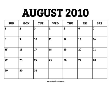 Calendar August 2010 Printable Old Calendars