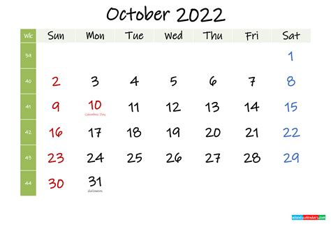 Free October 2022 Printable Calendar With Holidays Template K22m382