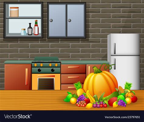 Cartoon Kitchen Interior With Furniture And Fruits