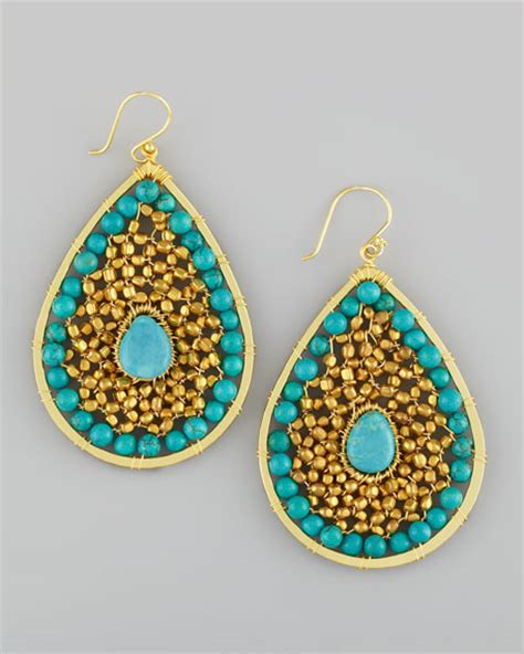 Nakamol Beaded Center Stone Teardrop Earrings Gold Turquoise
