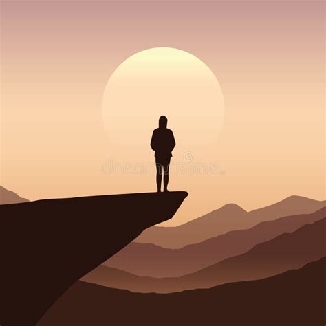 Lonely Girl On A Cliff Silhouette With Mountain Background Stock Vector