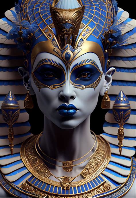 An Egyptian Woman S Head With Blue And Gold Decorations On Her Face In Front Of A Black Background
