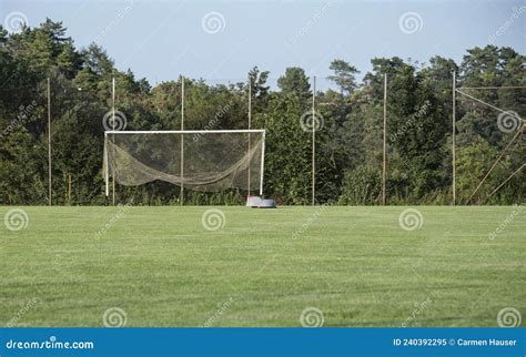 A Soccer Field With A Robotic Lawn Mower Stock Image Image Of